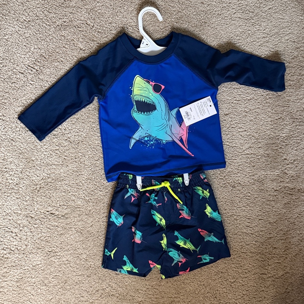 Jumping Beans Navy and Neon Shark Rashguard Set - Picture 2 of 4